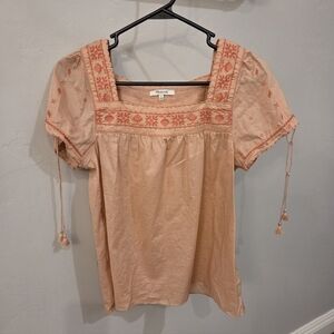 Madewell La Villa Embroidered Tie Sleeve Peasant Top in Rose Pink